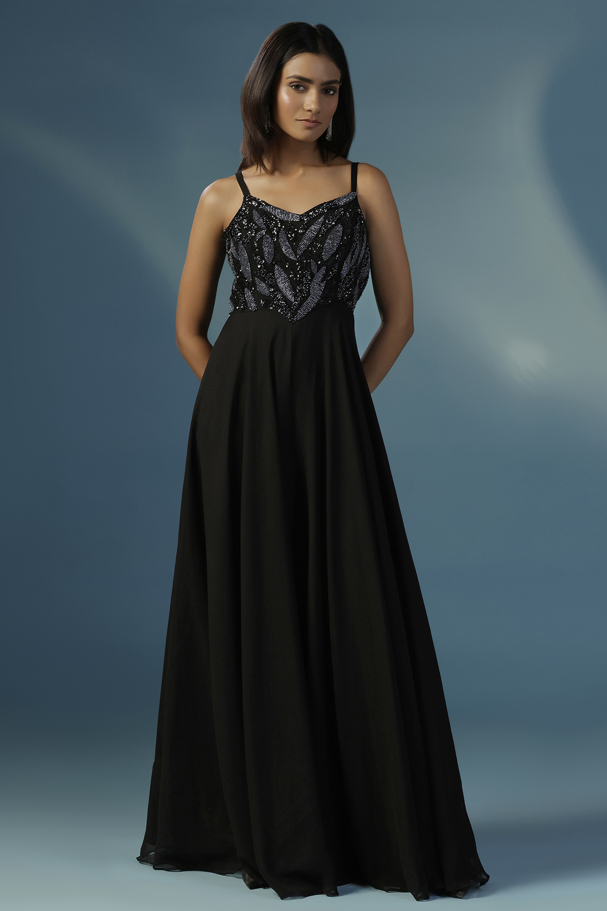Black Georgette Sequins Work Jumpsuit by Two Sisters By Gyans at Pernia's Pop Up Shop