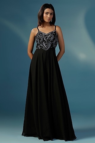 Black Georgette Sequins Work Jumpsuit by Two Sisters By Gyans