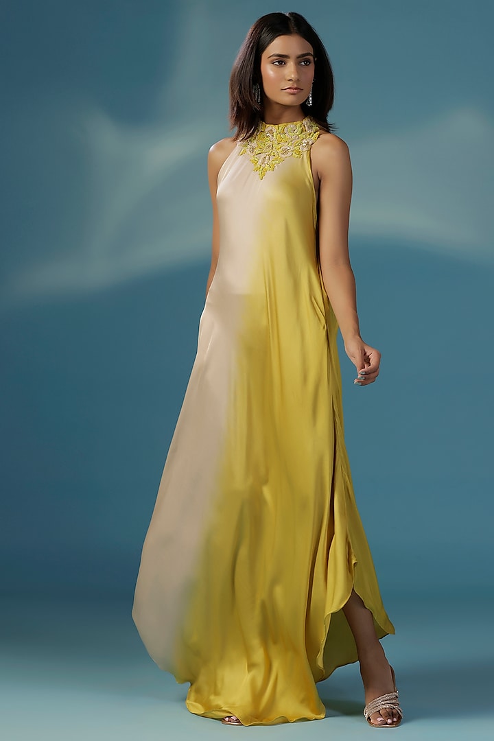 Dove Grey & Yellow Satin Handkerchief Maxi Summer Dress by Two Sisters By Gyans at Pernia's Pop Up Shop