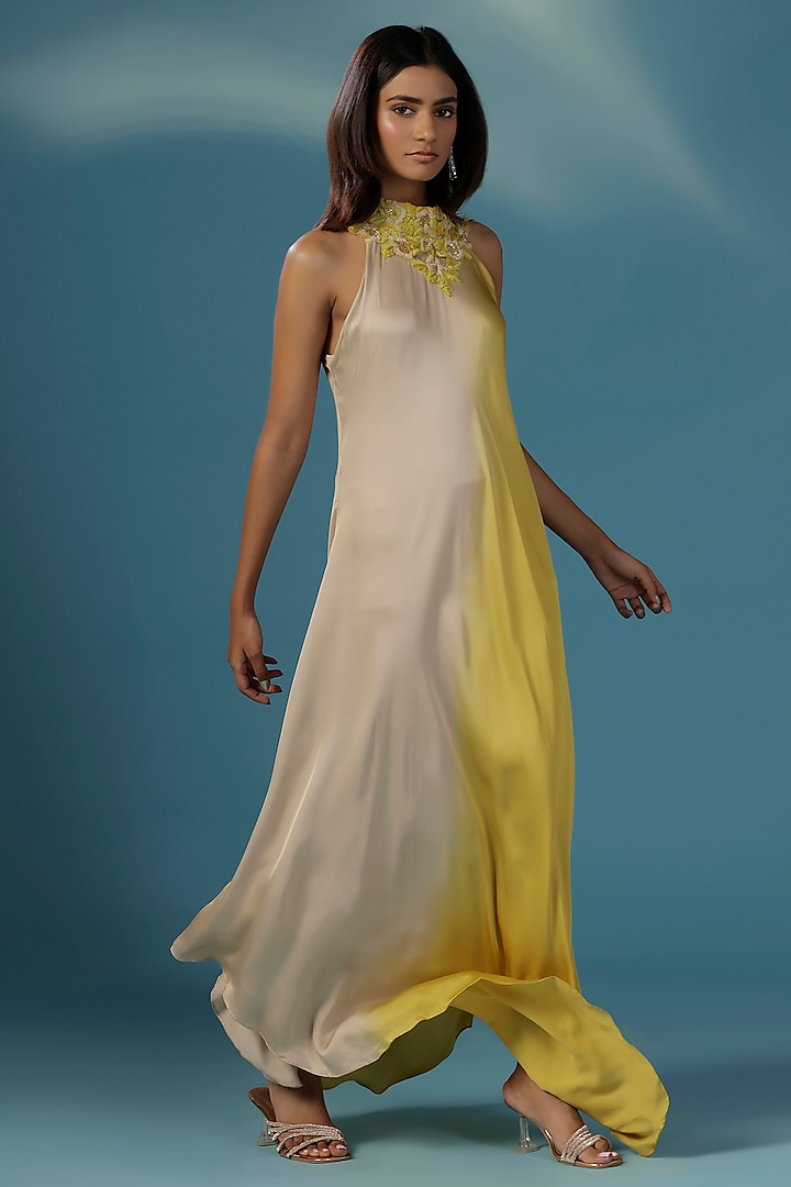 Dove Grey & Yellow Satin Handkerchief Maxi Summer Dress by Two Sisters By Gyans at Pernia's Pop Up Shop