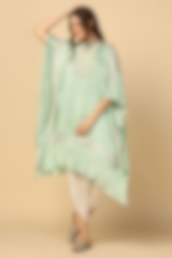 Mint Green Satin Embellished Kaftan Set by Two Sisters By Gyans