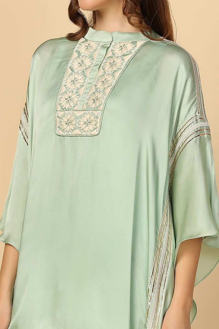 Mint Green Satin Embellished Kaftan Set by Two Sisters By Gyans at Pernia's Pop Up Shop