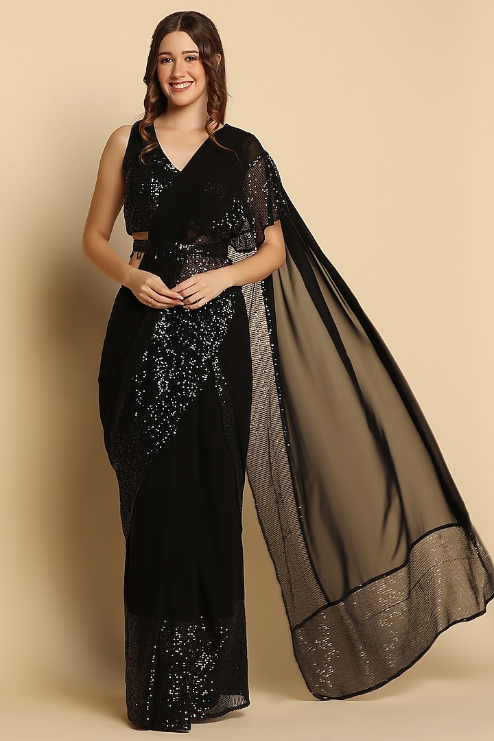 Black Georgette Pre-Draped Saree Set by Two Sisters By Gyans