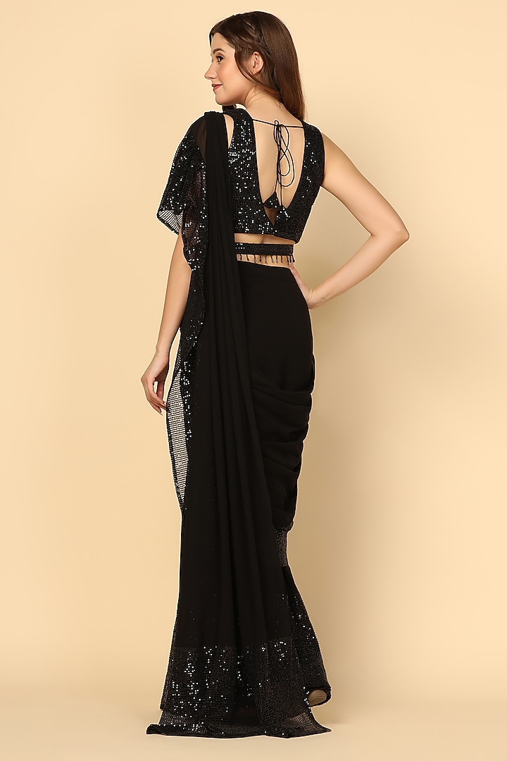 Black Georgette Pre-Draped Wedding Saree Set by Two Sisters By Gyans at Pernia's Pop Up Shop