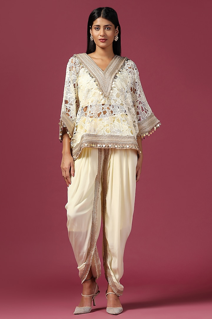 Lemon Yellow Georgette Sequins Embellished Cutwork Kaftan Set by Two Sisters By Gyans at Pernia's Pop Up Shop