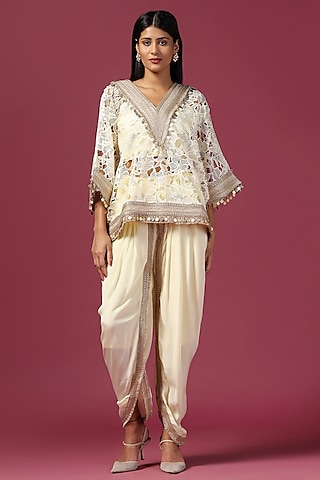 Lemon Yellow Georgette Sequins Embellished Cutwork Kaftan Set by Two Sisters By Gyans