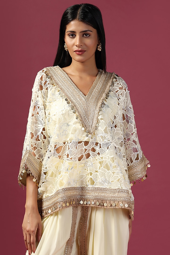 Lemon Yellow Georgette Sequins Embellished Cutwork Kaftan Set by Two Sisters By Gyans at Pernia's Pop Up Shop