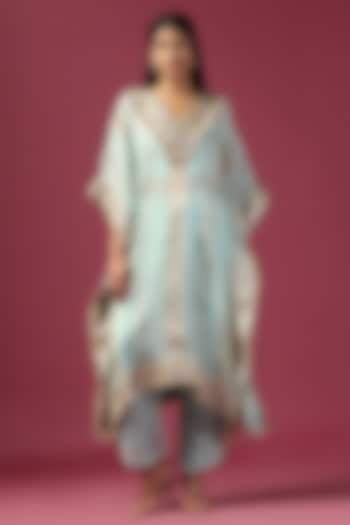 Aqua Georgette Sequins Embroidered Kaftan Set by Two Sisters By Gyans at Pernia's Pop Up Shop