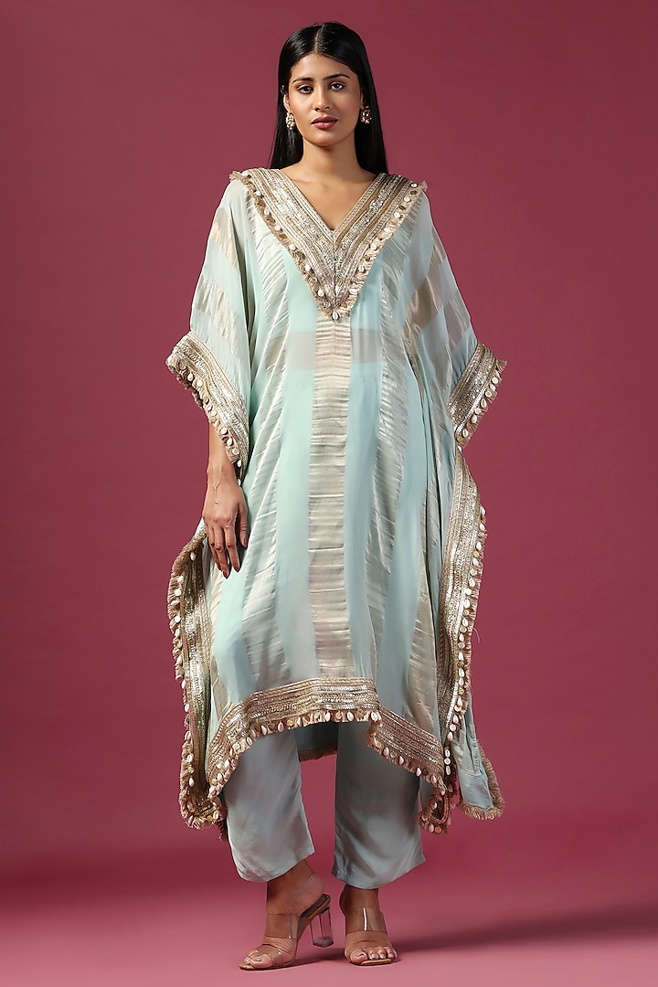 Aqua Georgette Sequins Embroidered Kaftan Set by Two Sisters By Gyans at Pernia's Pop Up Shop