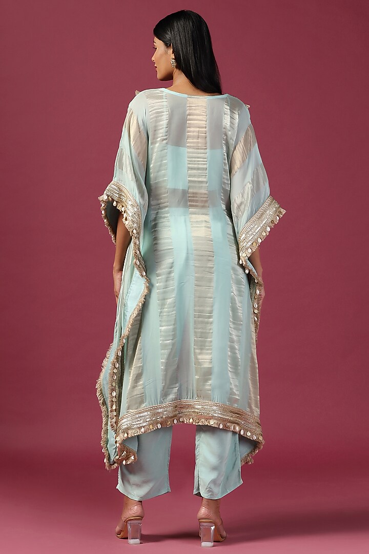 Aqua Georgette Sequins Embroidered Kaftan Set by Two Sisters By Gyans at Pernia's Pop Up Shop