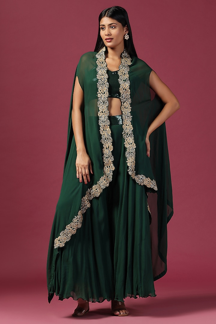 Bottle Green Crepe Sequins Embroidery Cape Set by Two Sisters By Gyans at Pernia's Pop Up Shop