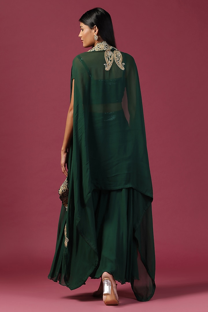 Bottle Green Crepe Sequins Embroidery Cape Set by Two Sisters By Gyans at Pernia's Pop Up Shop