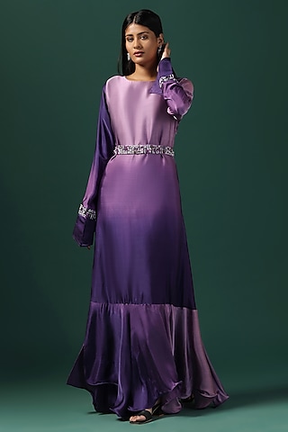 Lilac Georgette Sequins Hand Embroidered Flowy Maxi Dress by Two Sisters By Gyans