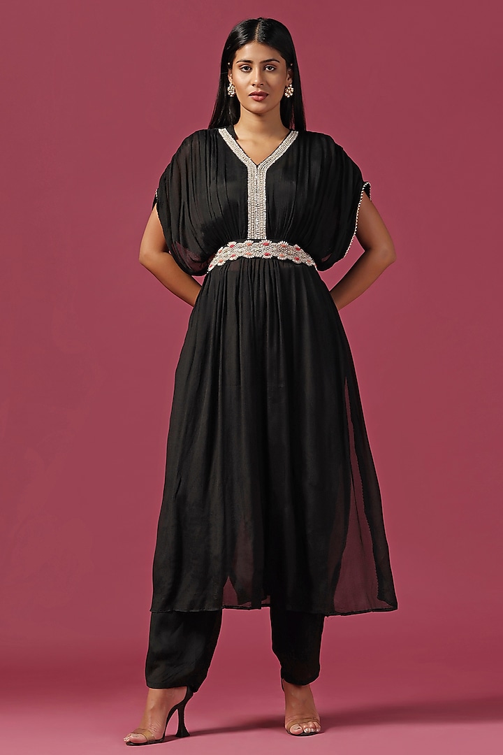 Black Georgette Zari Embroidered Kaftan Set by Two Sisters By Gyans at Pernia's Pop Up Shop