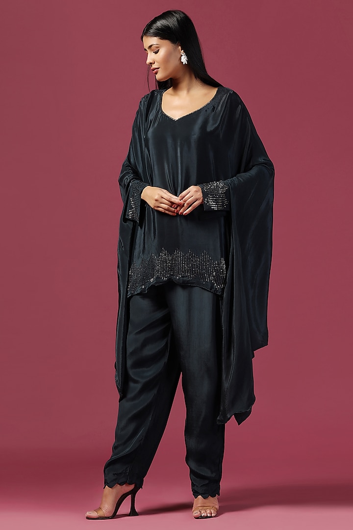 Navy Blue Georgette Cutdana Embroidered Asymmetric Tunic Set by Two Sisters By Gyans at Pernia's Pop Up Shop