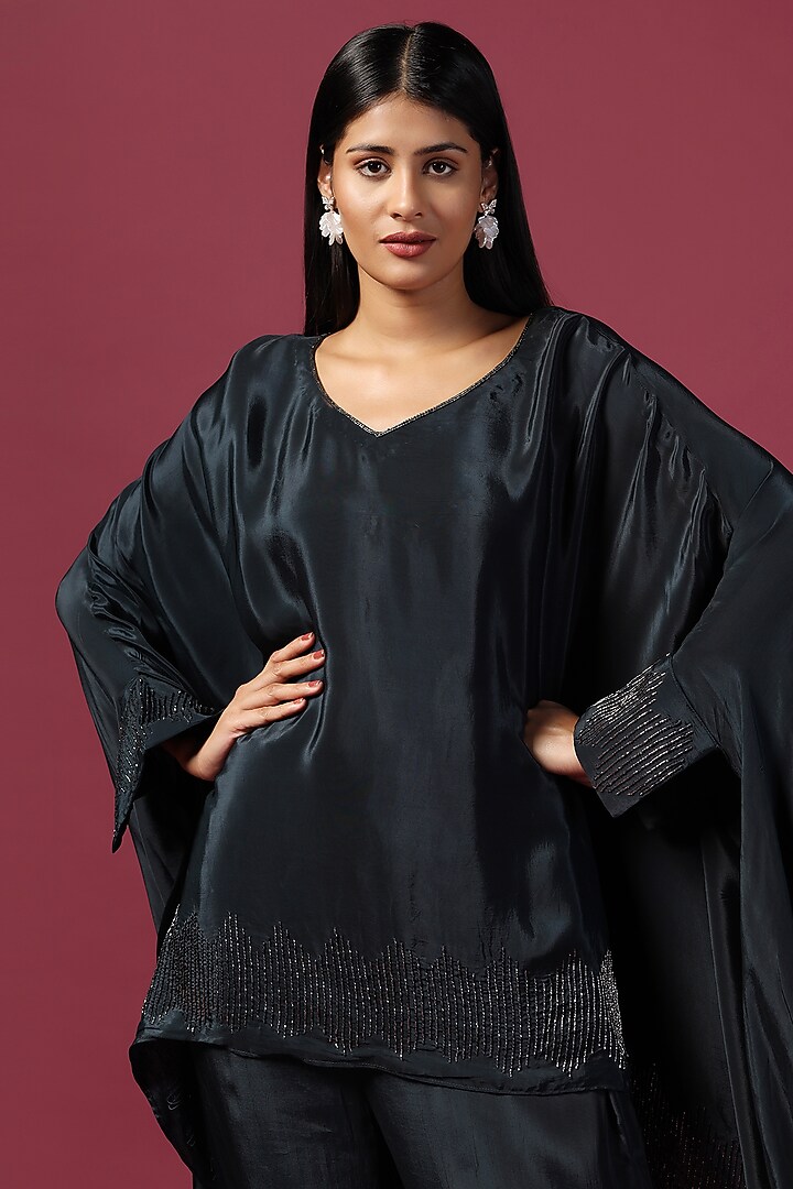 Navy Blue Georgette Cutdana Embroidered Asymmetric Tunic Set by Two Sisters By Gyans at Pernia's Pop Up Shop