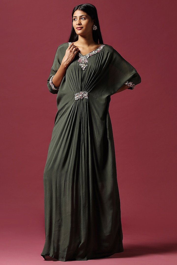 Olive Green Chiffon Sequins Embroidered Draped Gown by Two Sisters By Gyans at Pernia's Pop Up Shop