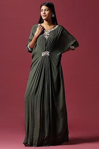 Olive Green Chiffon Sequins Embroidered Draped Gown by Two Sisters By Gyans