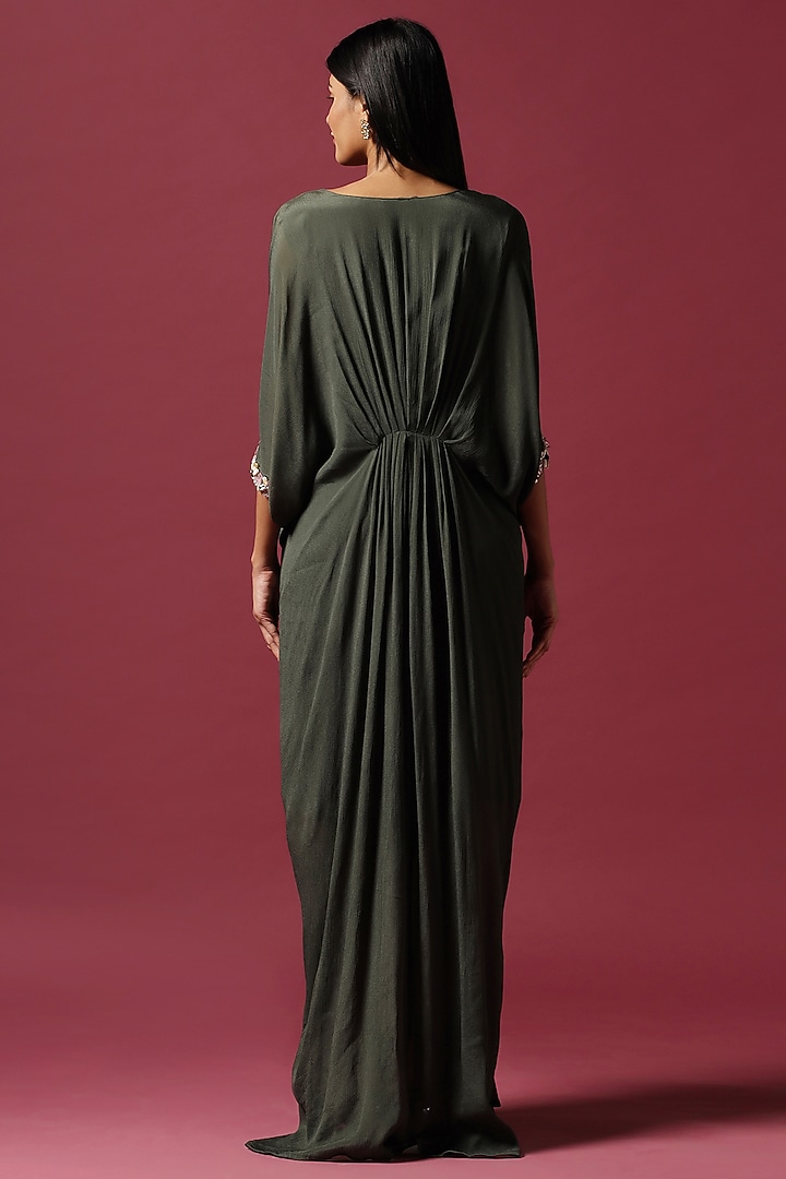 Olive Green Chiffon Sequins Embroidered Draped Engagement Gown by Two Sisters By Gyans at Pernia's Pop Up Shop