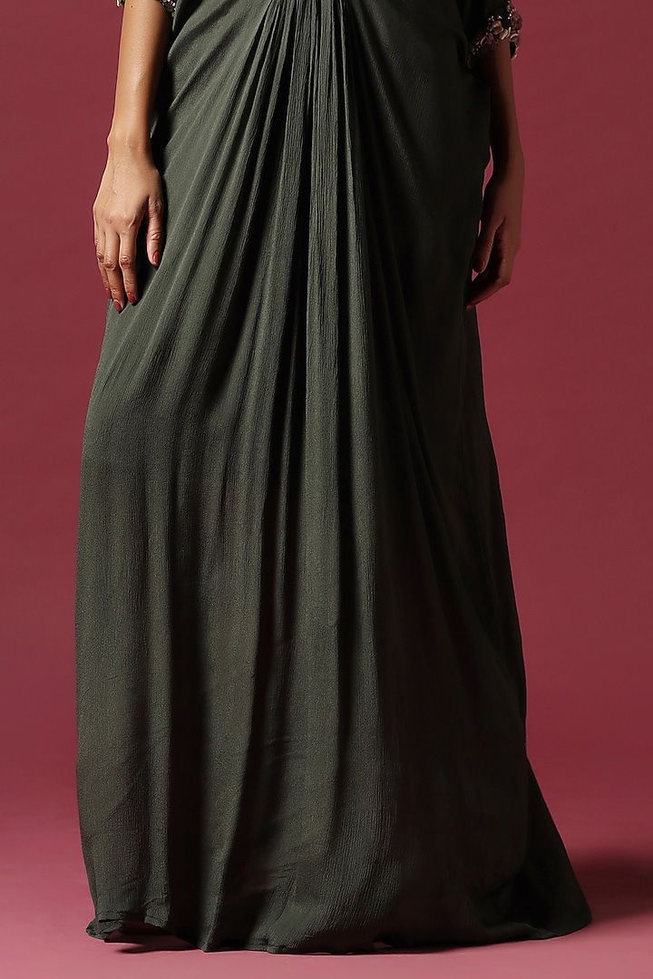 Olive Green Chiffon Sequins Embroidered Draped Engagement Gown by Two Sisters By Gyans at Pernia's Pop Up Shop