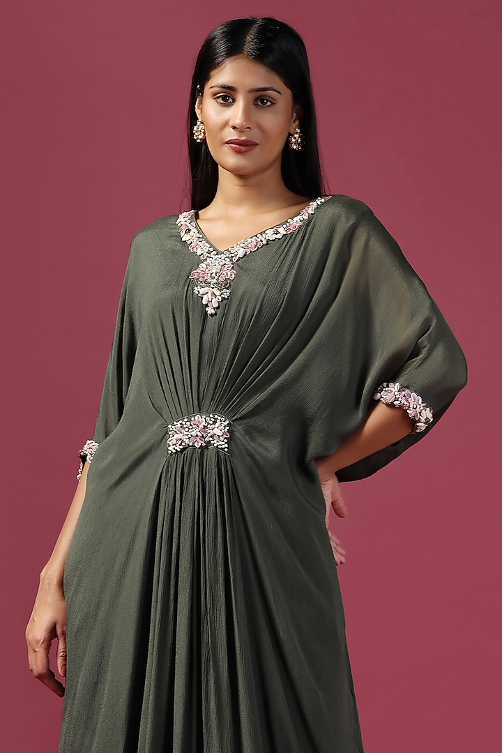 Chiffon Layered Long Sleeve Gown with Cascade Jacket Olive Green main image 1