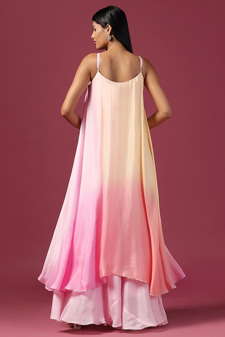 Yellow & Pink Georgette Cutdana Embroidered High-Low Kurta Set by Two Sisters By Gyans at Pernia's Pop Up Shop