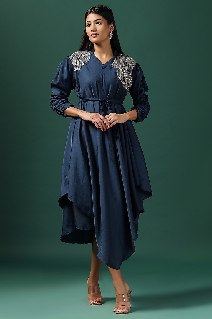 Navy Blue Crepe Sequins Embroidered Draped Kurta by Two Sisters By Gyans at Pernia's Pop Up Shop