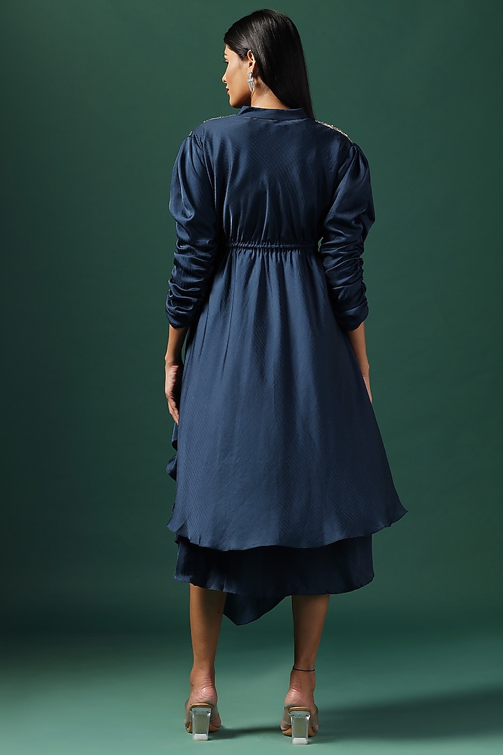 Navy Blue Crepe Sequins Embroidered Draped Kurta by Two Sisters By Gyans at Pernia's Pop Up Shop