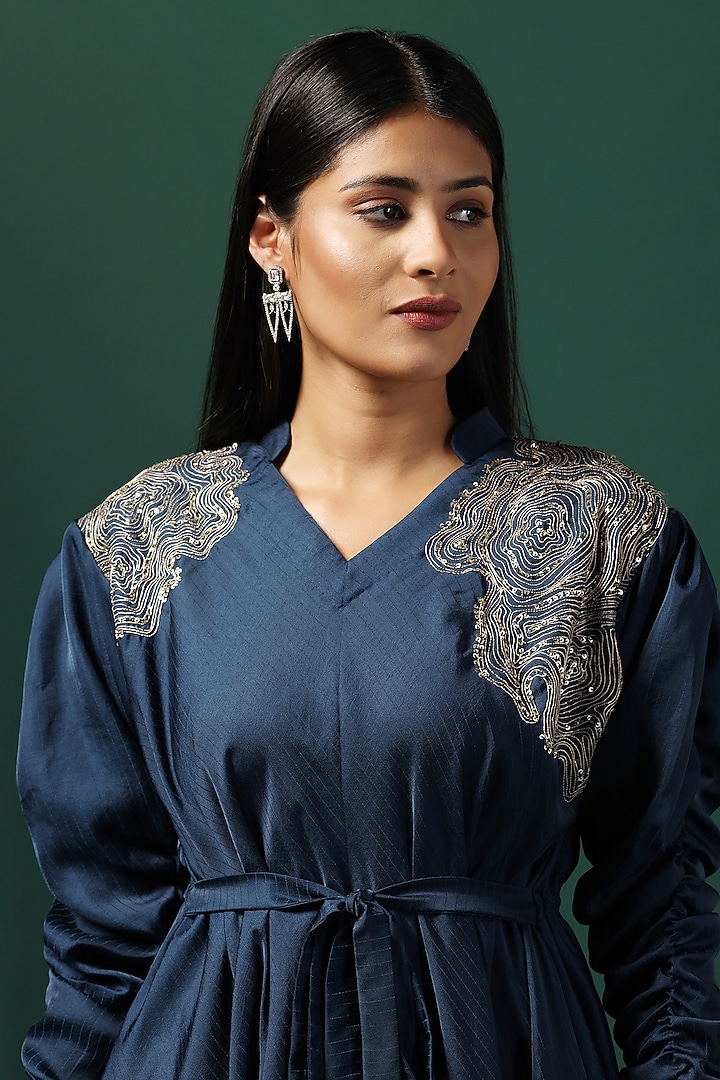 Navy Blue Crepe Sequins Embroidered Draped Kurta by Two Sisters By Gyans at Pernia's Pop Up Shop