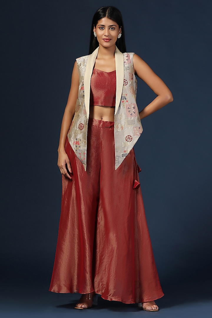 Maroon Georgette Resham Embroidered Pant Set by Two Sisters By Gyans at Pernia's Pop Up Shop