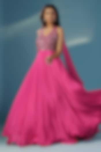 Hot Pink Chinon Hand Embroidered Halter Wedding Anarkali by Two Sisters By Gyans at Pernia's Pop Up Shop