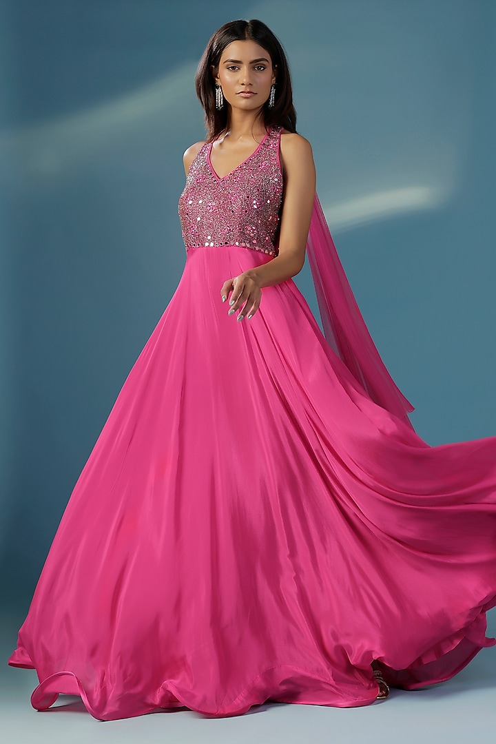 Hot Pink Chinon Hand Embroidered Halter Wedding Anarkali by Two Sisters By Gyans at Pernia's Pop Up Shop