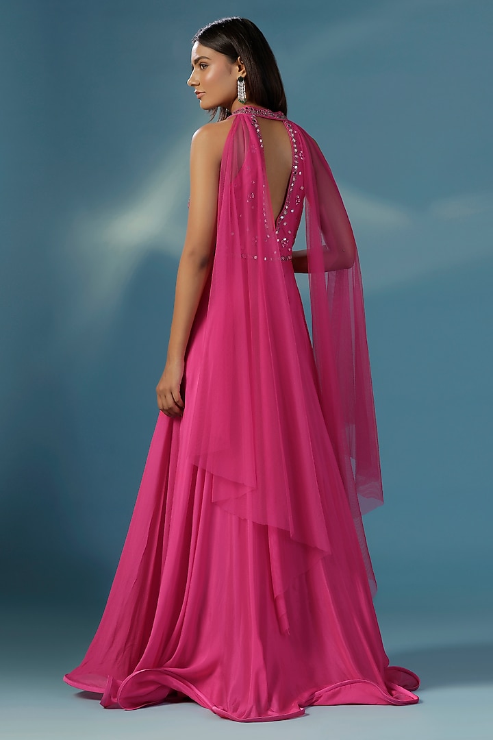 Hot Pink Chinon Hand Embroidered Halter Wedding Anarkali by Two Sisters By Gyans at Pernia's Pop Up Shop