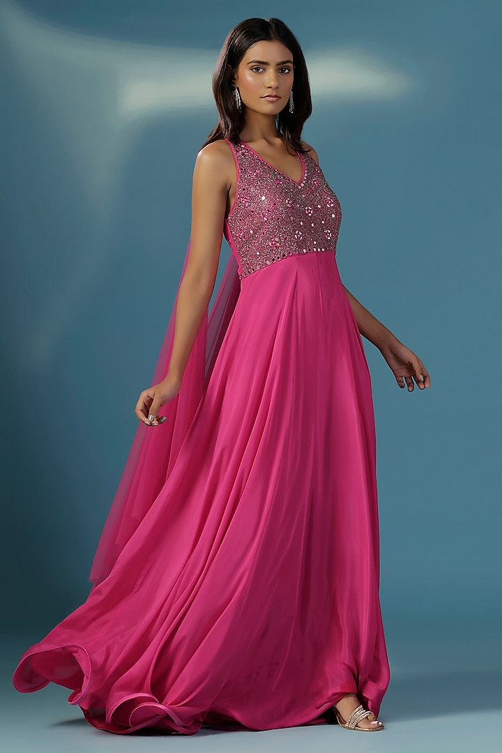 Hot Pink Chinon Hand Embroidered Halter Wedding Anarkali by Two Sisters By Gyans at Pernia's Pop Up Shop