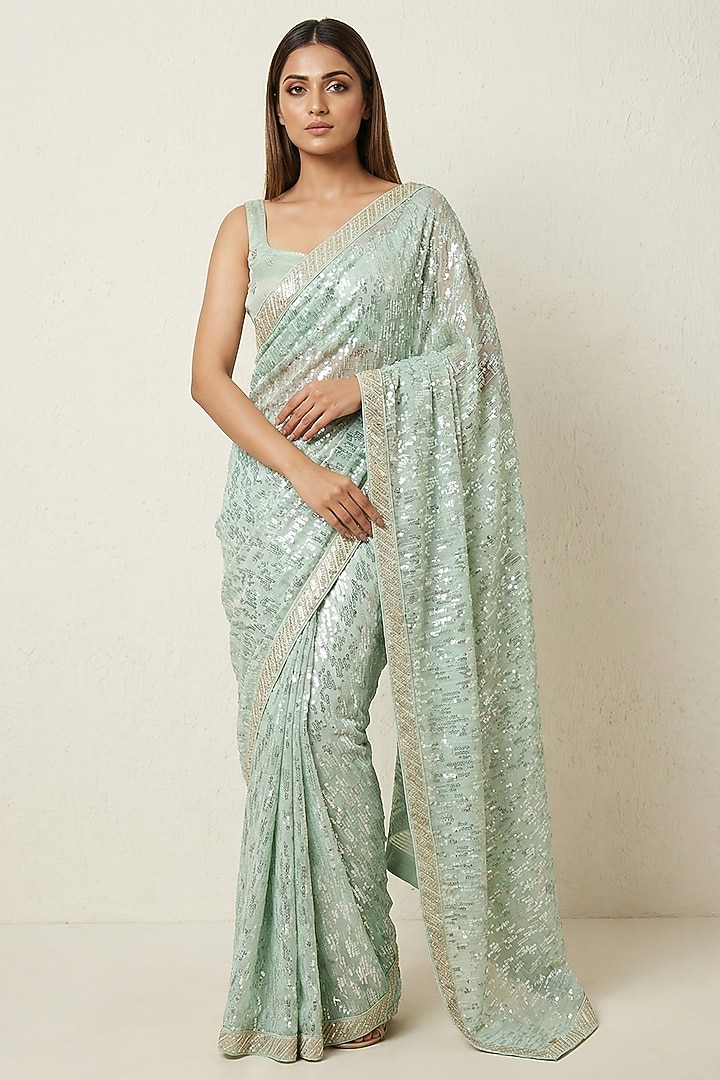 Sea Green Georgette Sequin Embroidered  Party Wear Saree Set Set by Two Sisters By Gyans at Pernia's Pop Up Shop