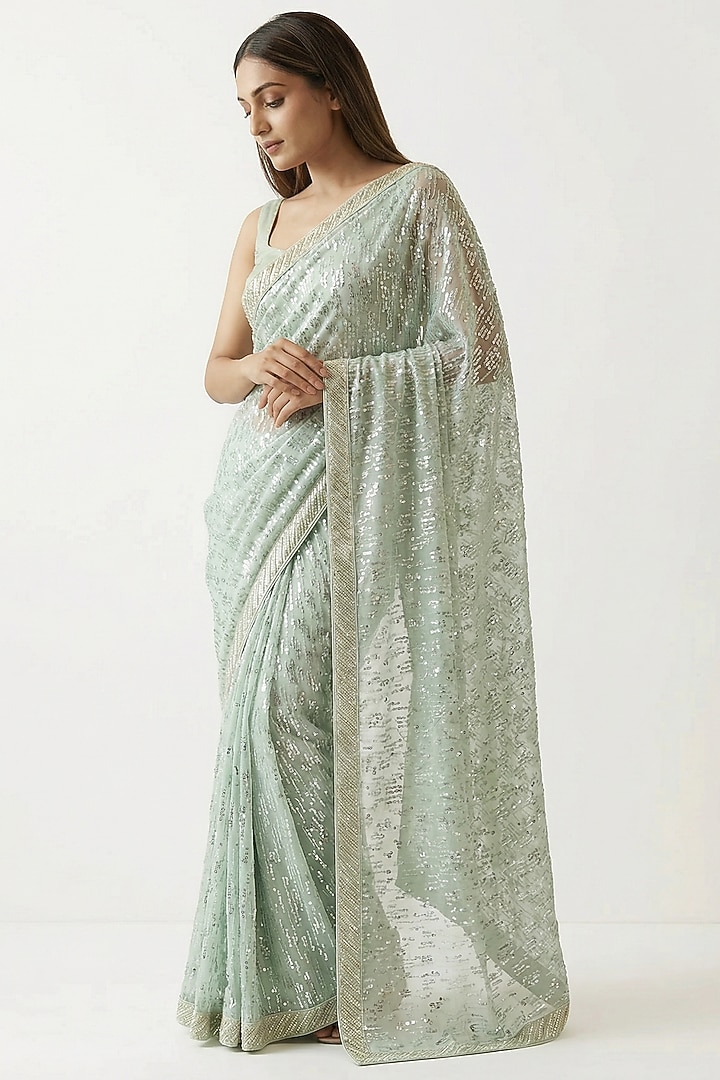 Sea Green Georgette Sequin Embroidered  Party Wear Saree Set Set by Two Sisters By Gyans at Pernia's Pop Up Shop