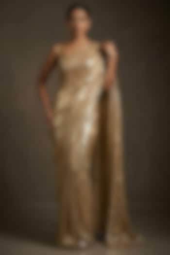 Gold Georgette Sequin Embroidered Party Wear Saree Set Set by Two Sisters By Gyans at Pernia's Pop Up Shop