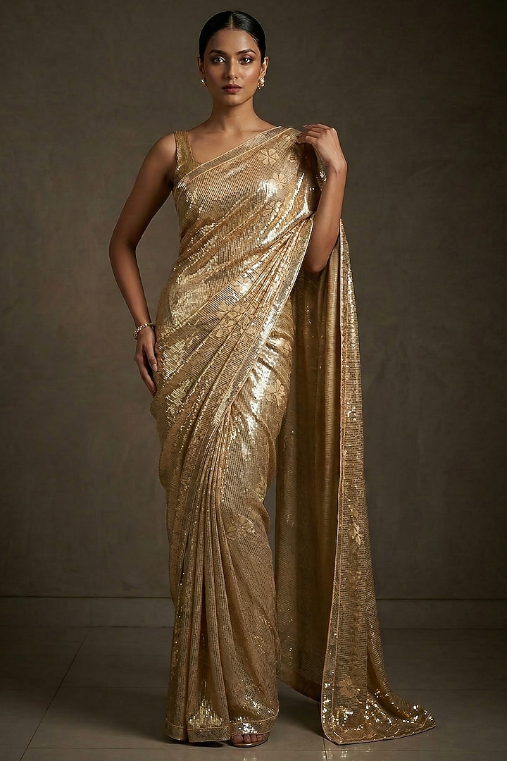 Gold Georgette Sequin Embroidered Party Wear Saree Set Set by Two Sisters By Gyans at Pernia's Pop Up Shop
