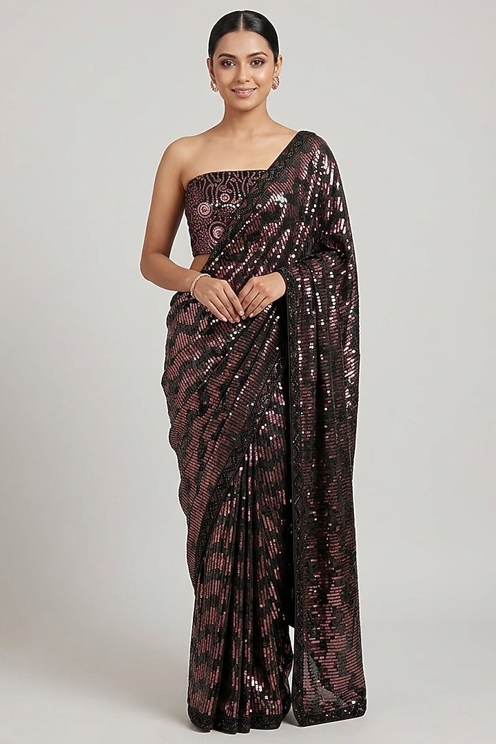 Black & Rose Gold Georgette Dual-Tone Sequin Party Wear Saree Set Set by Two Sisters By Gyans at Pernia's Pop Up Shop