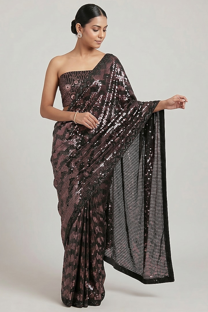 Black & Rose Gold Georgette Dual-Tone Sequin Party Wear Saree Set Set by Two Sisters By Gyans at Pernia's Pop Up Shop