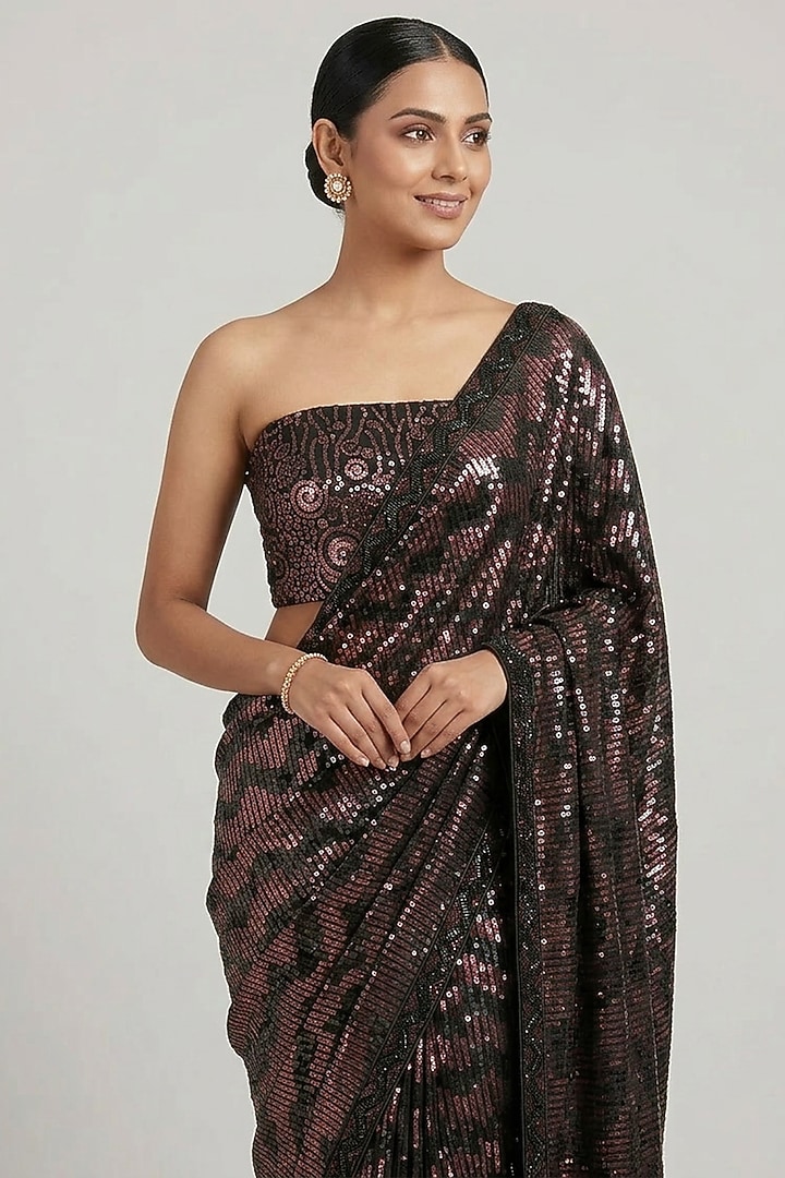 Black & Rose Gold Georgette Dual-Tone Sequin Party Wear Saree Set Set by Two Sisters By Gyans at Pernia's Pop Up Shop