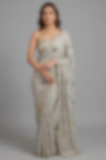 Silver Georgette Floral Sequin Embroidered Party Wear Saree Set Set by Two Sisters By Gyans at Pernia's Pop Up Shop