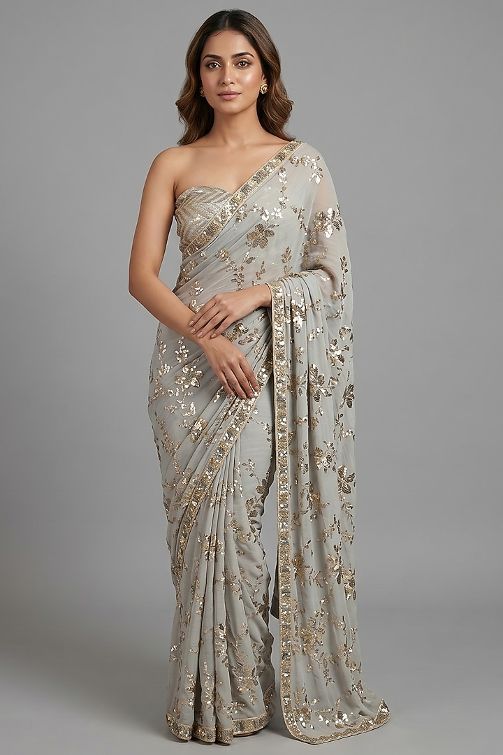 Silver Georgette Floral Sequin Embroidered Party Wear Saree Set Set by Two Sisters By Gyans at Pernia's Pop Up Shop