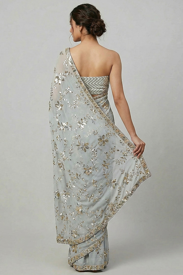 Silver Georgette Floral Sequin Embroidered Party Wear Saree Set Set by Two Sisters By Gyans at Pernia's Pop Up Shop