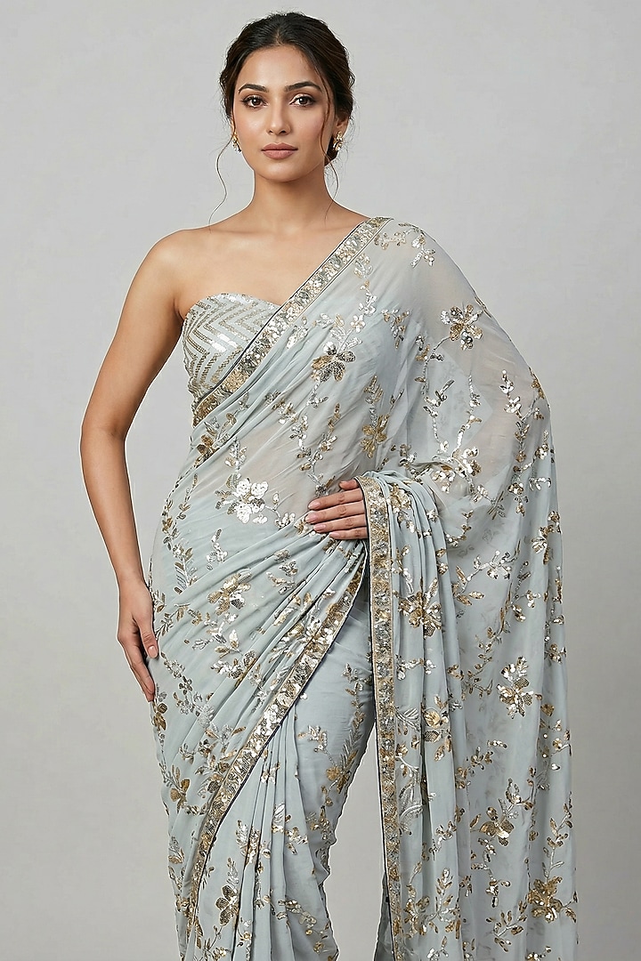 Silver Georgette Floral Sequin Embroidered Party Wear Saree Set Set by Two Sisters By Gyans at Pernia's Pop Up Shop