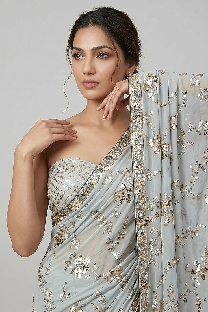 Silver Georgette Floral Sequin Embroidered Party Wear Saree Set Set by Two Sisters By Gyans at Pernia's Pop Up Shop