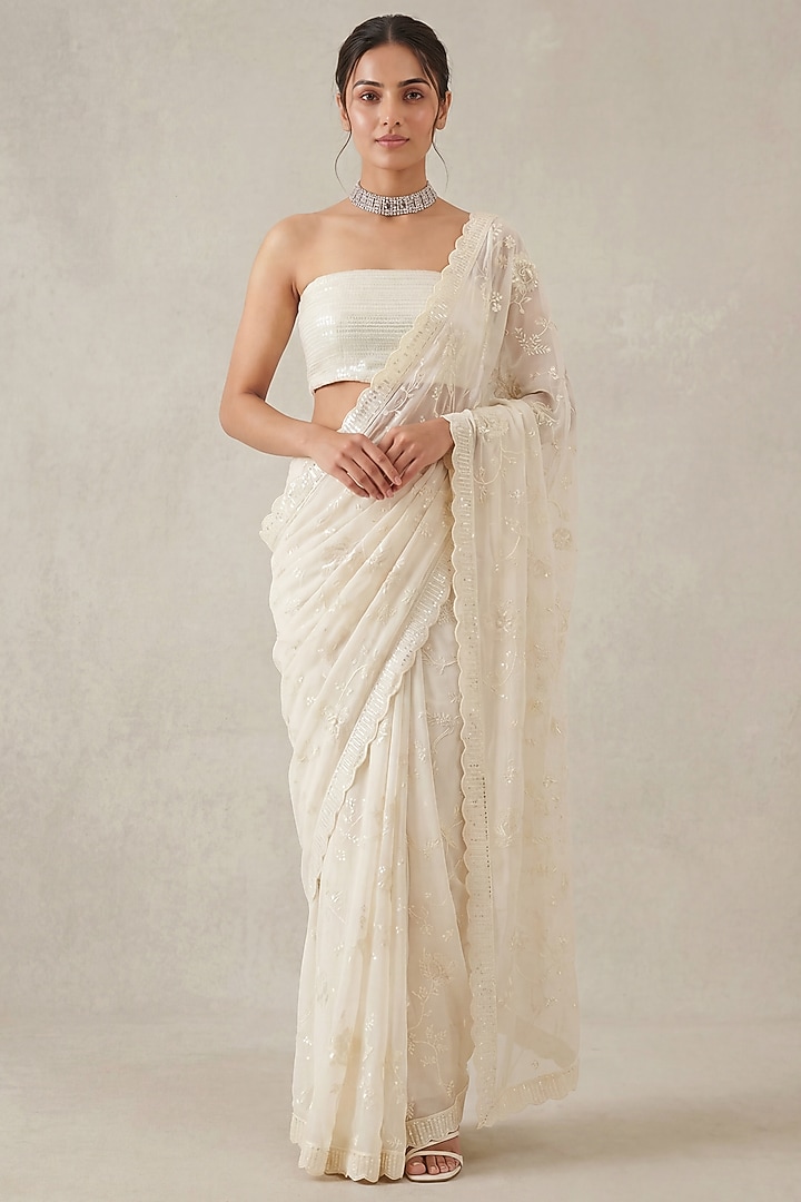 Ivory Georgette Floral Sequin Embroidered Wedding Saree Set by Two Sisters By Gyans at Pernia's Pop Up Shop