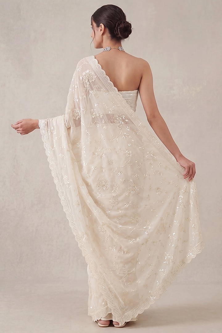 Ivory Georgette Floral Sequin Embroidered Wedding Saree Set by Two Sisters By Gyans at Pernia's Pop Up Shop