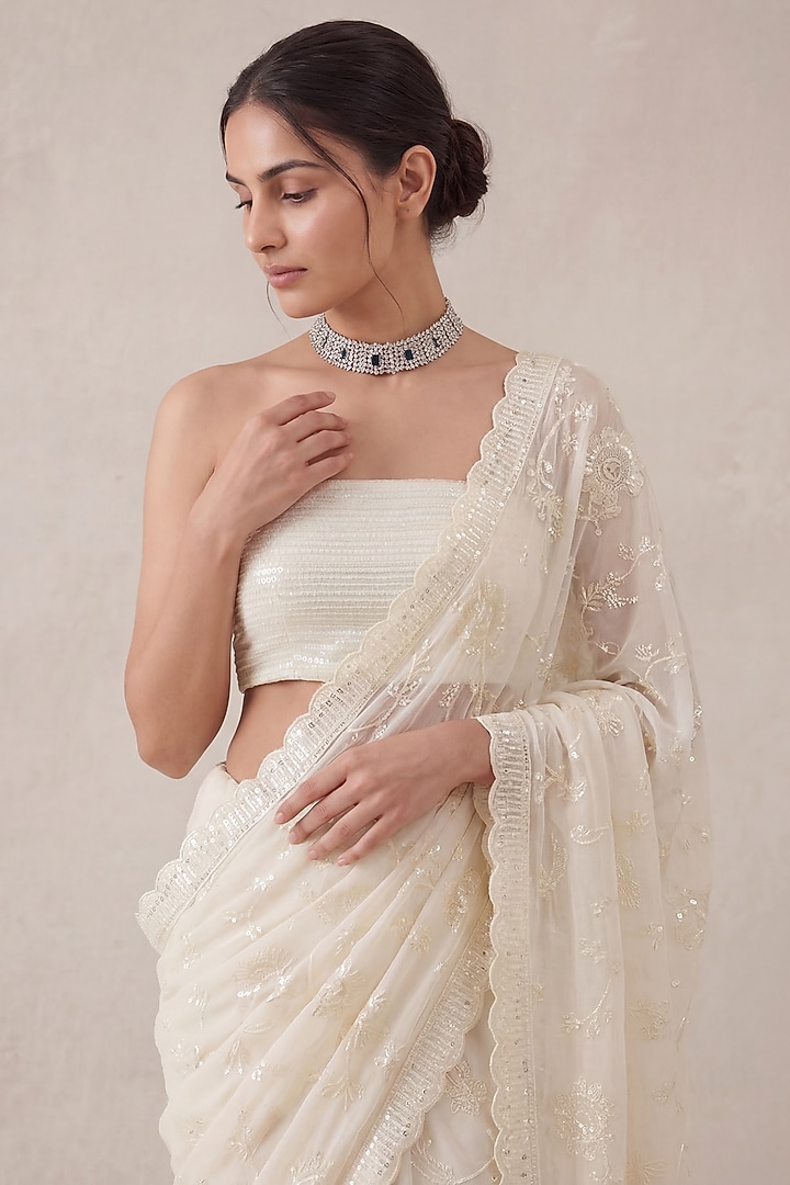 Ivory Georgette Floral Sequin Embroidered Wedding Saree Set by Two Sisters By Gyans at Pernia's Pop Up Shop