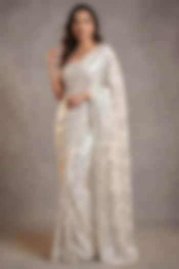 Ivory Georgette Sequin Embroidered Wedding Saree Set by Two Sisters By Gyans at Pernia's Pop Up Shop